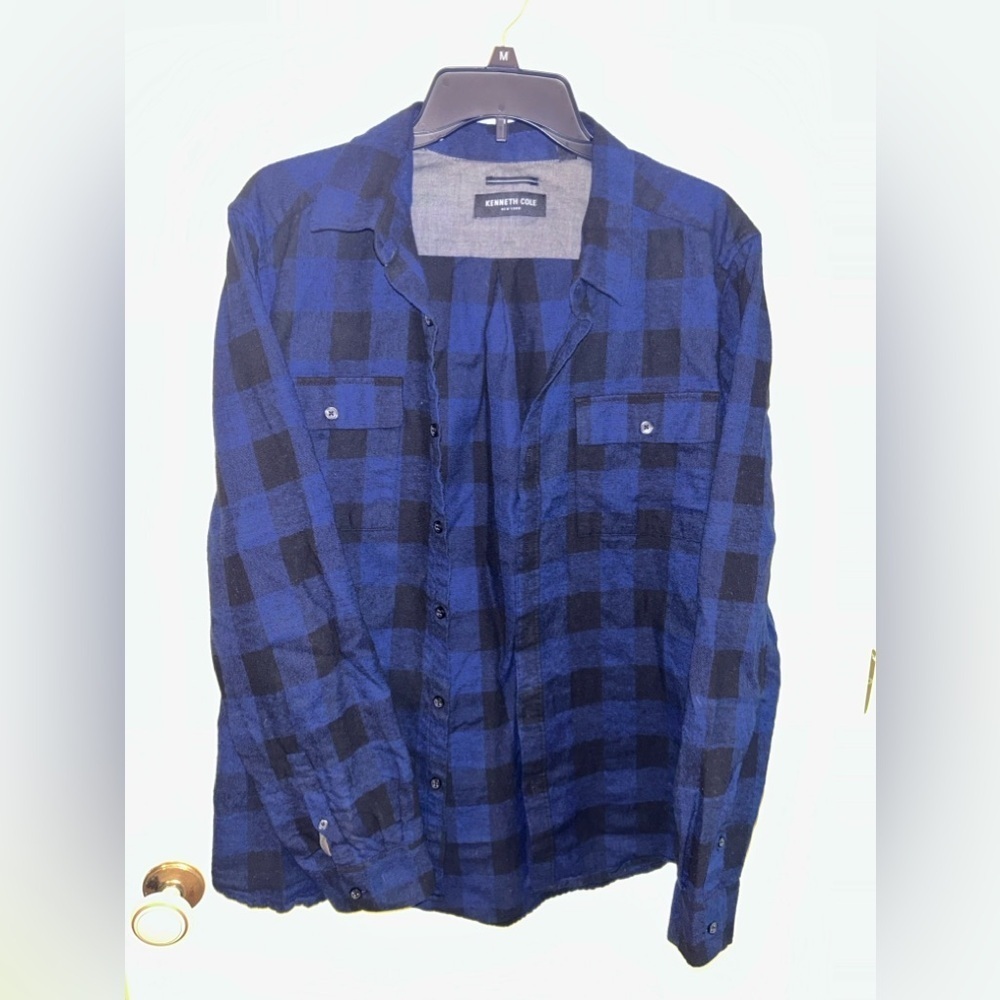 Kenneth Cole Black and Blue Checked Flannel Shirt. Size large